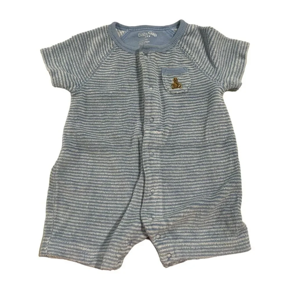 Baby Gap Blue & White Terry Cloth Striped Romper w/ Teddy Bear - Size 0-3 months